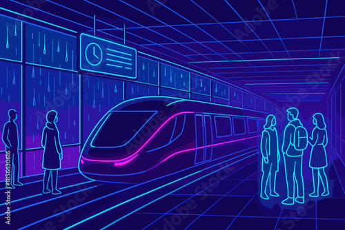 People waiting for train at glowing subway station with digital clock and rain