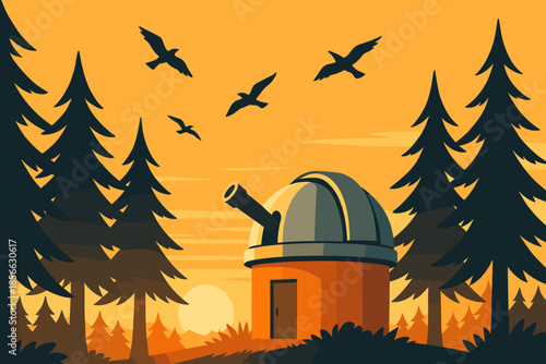 Observatory stands in forest at sunset with birds flying overhead