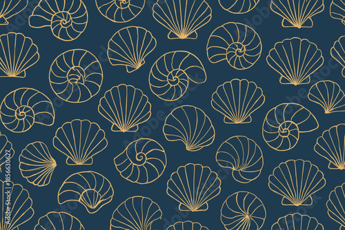 Pattern of various seashells on dark blue background showing nature's design and marine life forms in a simple arrangement