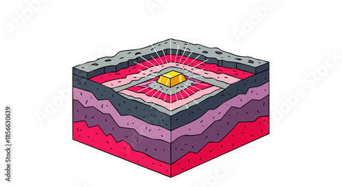 Cross-section of earth layers revealing a glowing gold bar at its core, symbolizing wealth and discovery.
