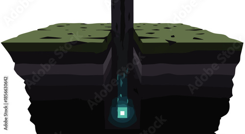 Cross-section of the earth reveals layers of soil and rock with a glowing blue light emanating from a deep chasm.