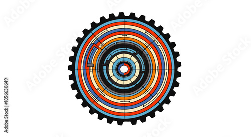 Abstract circular graphic design with concentric rings and gear-like outer edge, featuring bold colors and geometric patterns.