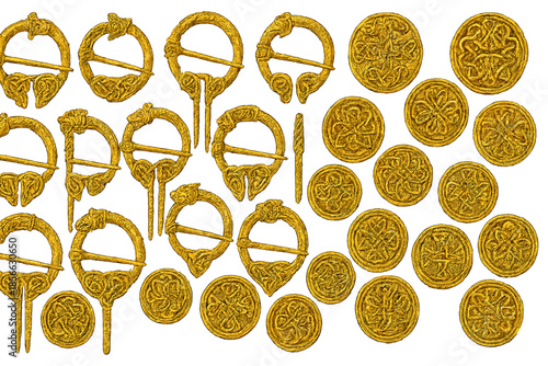 Collection of gold-colored decorative items in various shapes and designs on a white background