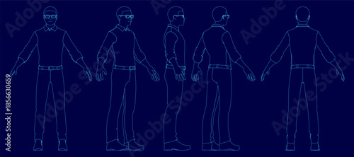 Stylized African male in a suit and glasses stands confidently in a line. He has a serious expression with a slight head tilt against a solid blue background.