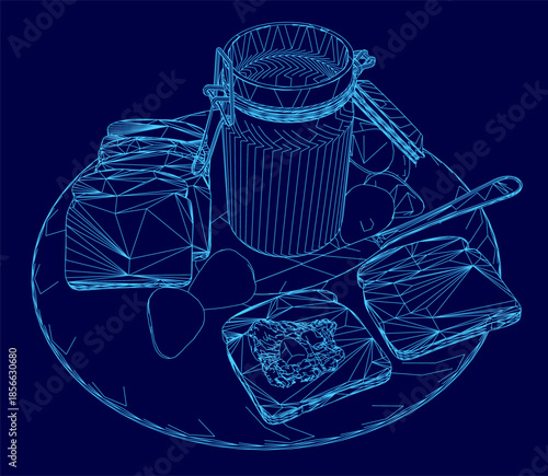 A jar of strawberry jam with a spoon sits on a plate, featuring a simple contour illustration of toast. The composition uses a clean blue background for a fresh, minimalist aesthetic.