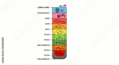 Diagram illustrating the geological timescale with icons representing life forms and geological periods.