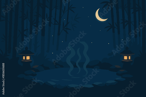 Night scene with hot spring and lanterns in a bamboo forest under moonlight