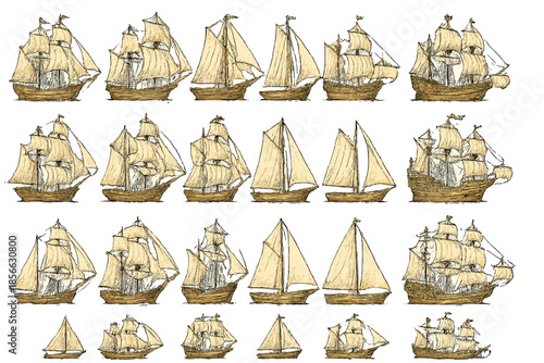Different types of sailing ships are shown in a row, displaying the variety of sails and hull shapes, each designed for the sea