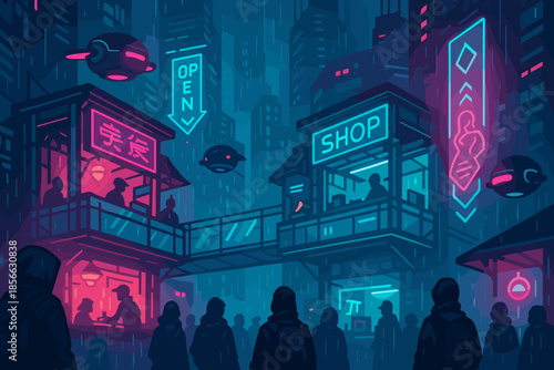 City market at night with shops and neon lights, people walking under rain with hovercrafts above