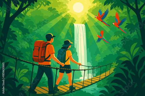 Couple walks on bridge in forest with waterfall and birds at midday under bright sun