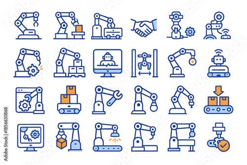 Various robotic arms and industrial equipment performing different tasks in a factory setting