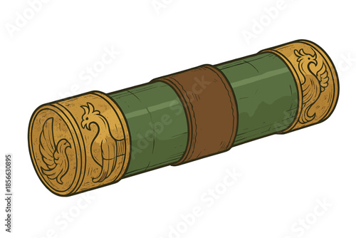 Roll of decorative paper with illustrations of birds and traditional patterns found in an old library setting