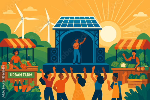 Crowd enjoys music performance at outdoor event near urban farm with food stalls and wind turbines in the background