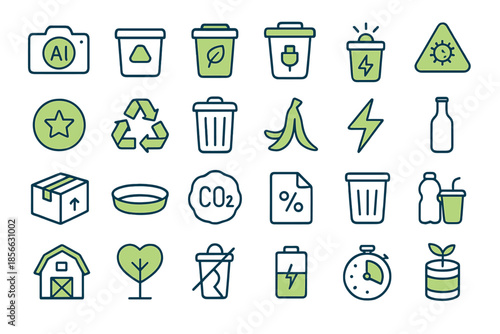 Icons showing environmental themes and recycling concepts in green and blue colors