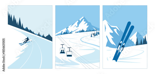 Modern Retro Ski Posters and Snowboard Art Prints, Vintage-Inspired Winter Sports Illustration, Alpine Landscape, Skiing and Snowboarding Adventure, Mountain Vacation, Retro Travel Artwork, Winter Spo