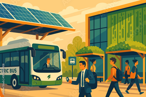 Electric bus station with solar panels during the afternoon, showing people going about their daily routines