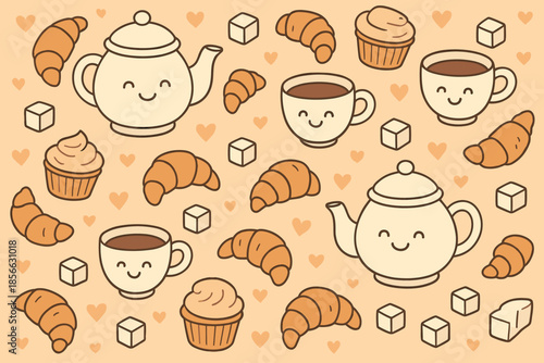 Cute tea and pastry pattern with teapots, cups, croissants, and cupcakes on a simple background in pastel colors