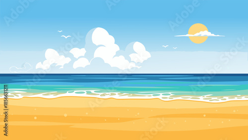 Beautiful Summer Beach Scene with Golden Sand, Turquoise Ocean Waves, and Sunny Blue Sky with Fluffy Clouds