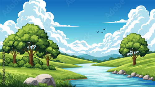 Serene River Flowing Through Lush Green Rolling Hills Under a Bright Blue Sky with Fluffy Clouds, a Picturesque Landscape
