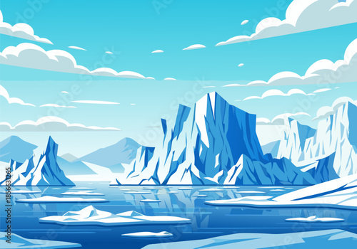 Arctic landscape with icebergs and mountains reflecting in the water under a clear sky with clouds
