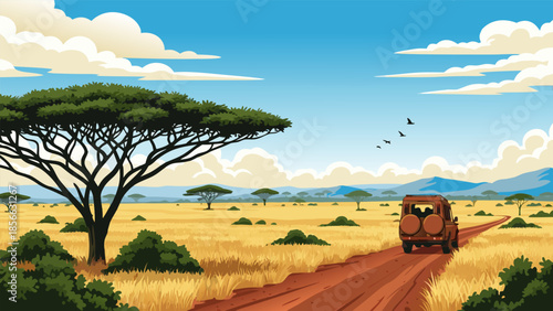 Explore the African Savanna A Scenic Road Trip Through a Vast, Open Landscape Under a Blue Sky with Scattered Clouds