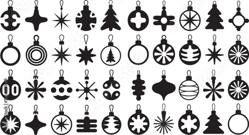 Black silhouettes of various Christmas tree ornaments on white background