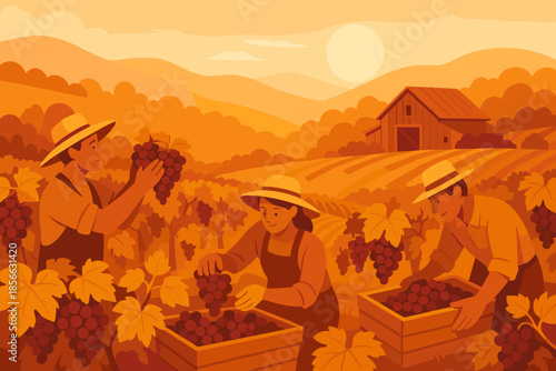 Harvest time at a vineyard with workers picking grapes during sunset in a rural setting