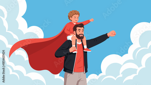 Super dad carrying his son on shoulders as they fly through the sky on a sunny day, with a red cape