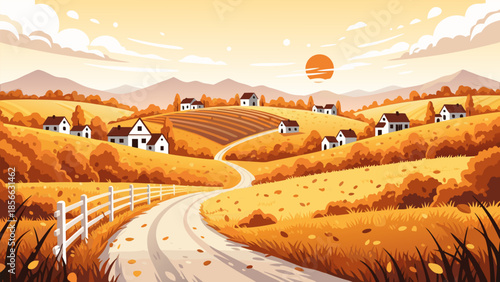 picturesque rural landscape in autumn with rolling hills a winding road and scattered farmhouses bathed in warm sunlight and golden foliage