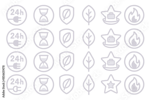 Symbols of different elements arranged in a grid format showcasing various icons representing time, nature, and safety features