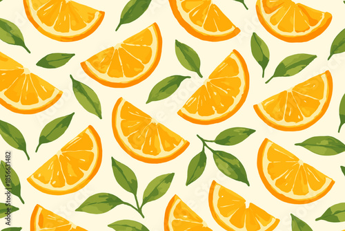Bright orange slices with green leaves arranged on a light background showcasing freshness and flavor in simple design