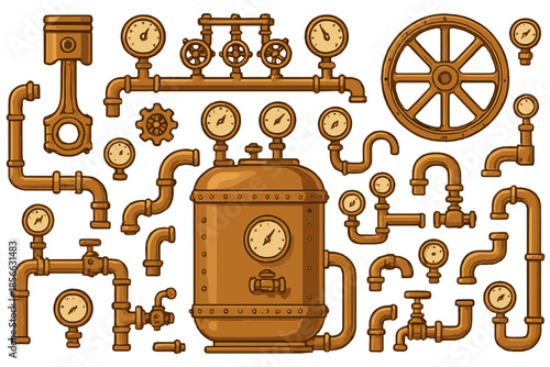 Various pipes and gauges arranged in a detailed layout showing industrial design elements in a steampunk style