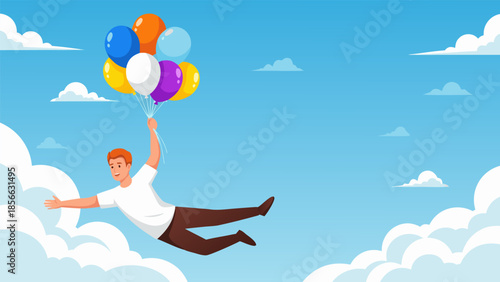 Man flying with balloons in the sky, concept of freedom, success, and happiness