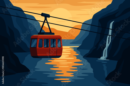 Cable car crossing over water at sunset near cliffs and waterfall on a calm evening