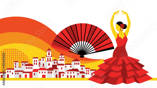 Flamenco dancer with fan and Spanish village cityscape celebrating culture and travel