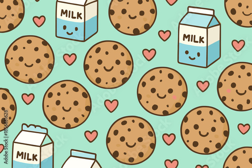 Fun design with cookies and milk pattern on a light background featuring smiling faces and hearts