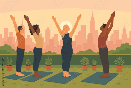 Yoga group practices in the park during sunset with city skyline in the background