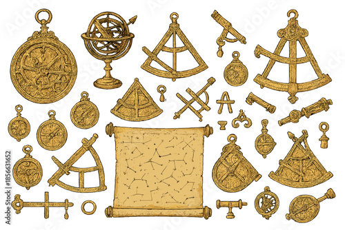 Various antique navigation instruments and a scroll arranged on a white background for exploration and education