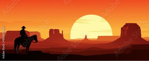 Vast Desert Landscape at Sunset with a Lone Cowboy on Horseback Silhouette, Capturing the Spirit of the Wild West