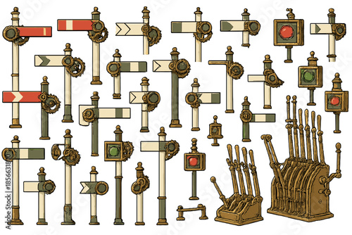 Collection of train signals and levers from vintage railway systems displayed on a white background