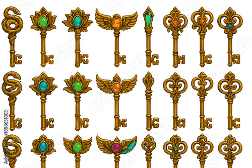 Various decorative keys displayed on a flat surface with different designs and colors in a collection