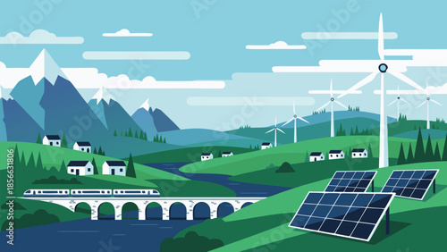 Sustainable renewable energy landscape with wind turbines, solar panels, and a train on a bridge, representing eco-friendly transportation and a clean environment