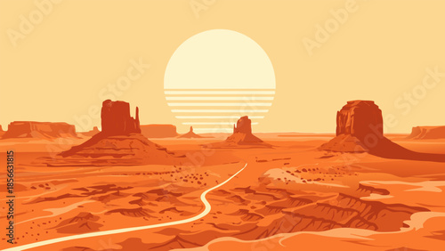Vast Desert Landscape with a Winding Road Leading Towards a Striking Sunset Under a Clear Sky