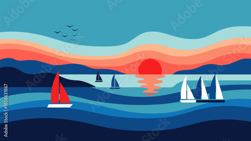Sailboats on the ocean at sunset with vibrant wavy water and hills in the background, a picturesque maritime scene
