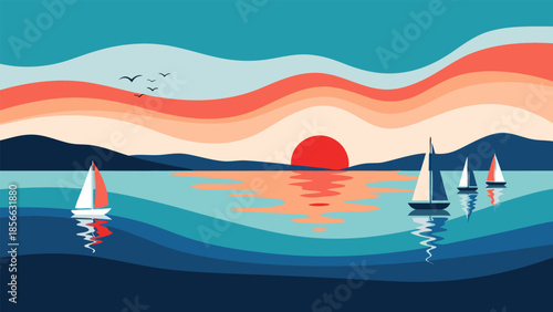 Sailboats sailing on a calm ocean at sunset with colorful wavy sky and reflections on the water, representing serenity and leisure