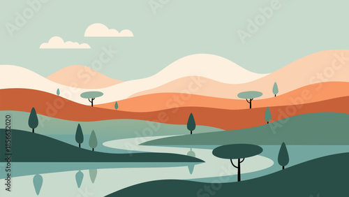Stylized illustration of rolling hills and a river reflecting the sky, evoking a sense of tranquility and natural beauty