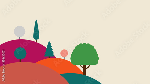 Stylized Rolling Hills with Trees and Organic Shapes, a Minimalist Landscape Design