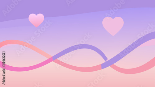 Romantic Abstract illustration with pastel hearts and intertwining wavy lines creating a peaceful and loving background design