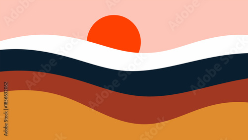 Stylized Abstract Landscape with Wavy Layers and a Setting Sun, Minimalist Design with Warm Earthy Tones and Bright Orange Orb