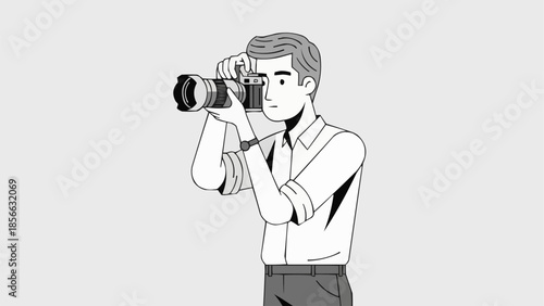 Man holding professional camera taking a picture illustration.
